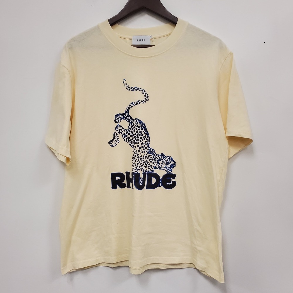 Rhude Men Short Sleeve Leopard Graphic T Shirt Size XL Yellow Crew Neck Spellout